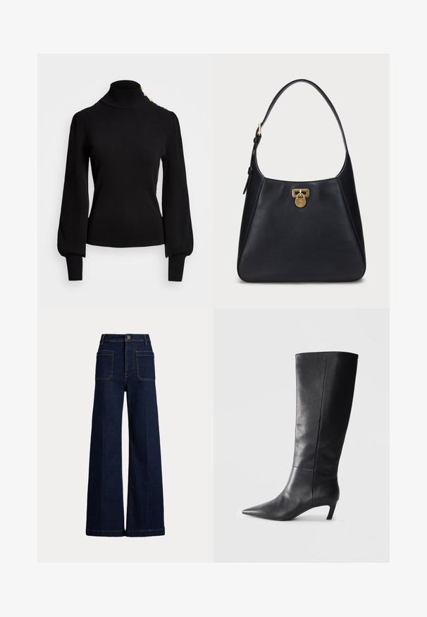 Črn pulover z visokim ovratnikom, z rebrasto teksturo, napihnjenimi rokavi, prilegajočim telesom in zlatimi gumbi na rami.; Široke temno modre jeans hlače z visoko pasu, pet žepov in kontrastnim šivanjem. Imajo gumb za zapiranje in strukturno obliko.; Črne usnjene čizmice do kolen z usnjenim konico, strukturirano zasnovo in zmerno peto. Gladka tekstura, minimalni šivi.; Črna usnjena torbica čez ramo s klenjeno obliko, ki vključuje zlato zaklepanje in zaokrožen pas. Gladka tekstura z minimalnimi detajli.