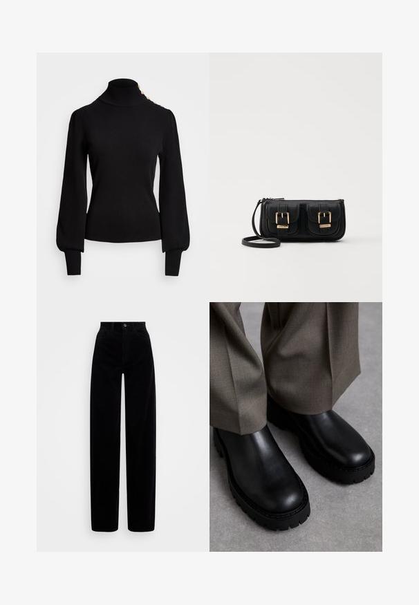 Pull en col roulé noir avec texture côtelée, manches bouffantes, coupe ajustée et accents de boutons dorés à l'épaule.; Pantalons en velours côtelé noir avec une taille haute, une coupe large, et une fermeture par un seul bouton sur le devant. Texture lisse avec des côtes verticales.; Bottes de cheville en cuir noir avec une semelle en caoutchouc épaisse, texture lisse, bout rond et peu de détails. Associées à un pantalon gris clair.; Sac en cuir noir porté en travers avec deux poches avant, boucles dorées, fermeture zippée et une sangle fine. Surface texturée et forme rectangulaire compacte.