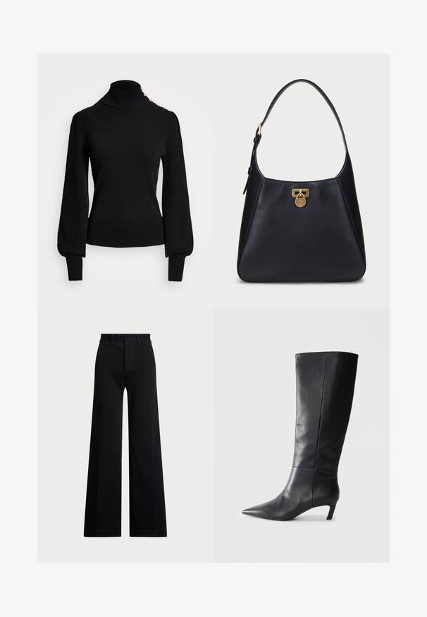 Juodas golfo megztinis su bangų tekstūra, pūstos rankovės, prigludusi figūra ir auksinių mygtukų akcentai ant peties.; Juodos plačios kojos kelnės, pagamintos iš audinio, su aukštu liemeniu, priekiniais mygtukais ir šoniniais kišenėmis. Sklandus paviršius su švariomis linijomis.; Juodas odinis aukštas aulinukas iki kelių su smailiu pirštu, struktūrizuota forma ir kukliu kulnu. Lygus paviršius, minimalūs siuvimo detalės.; Juodas odinis peties krepšys su kreiptu dizainu, turintis auksinį užtrauktuką ir apvalią dirželį. Lygus paviršius su minimaliais akcentais.