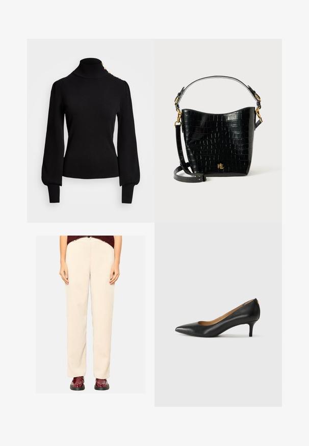 Black turtleneck sweater with ribbed texture, puff sleeves, fitted body, and gold-button accents on the shoulder.; Beige corduroy pants with a straight-leg design, featuring wide legs and a ribbed texture, paired with glossy burgundy shoes.; Black leather pump with a pointed toe, low heel, and a smooth texture. Features a slight opening at the front and minimal hardware at the back.; Black croc-embossed leather bag with a curved shape, gold hardware accents, an adjustable strap, and a logo detail at the front.