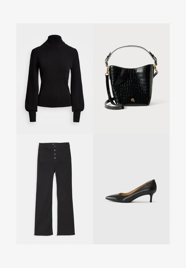 Melnas turtlenecks džemperis ar ribotu tekstūru, pūkainām piedurknēm, pieguļošu siluetu un zelta pogu akcents uz pleca.; Melnas denim bikses ar platām kājām, augsto jostasvietu, piecu kabatu dizainu un priekšējo pogu aizdari, kas sastāv no četrām metāla pogām.; Melnas ādas augstpapēžu kurpes ar pīlādžu purngalu, zemu papēdi un gludu virsmu. Raksturīga neliela atvere priekšā un minimāls aprīkojums aizmugurē.; Melnas krokodila raksts ādas soma ar izliekta formu, zelta aparatūru, regulējamu siksnu un logotipa detaļu priekšpusē.