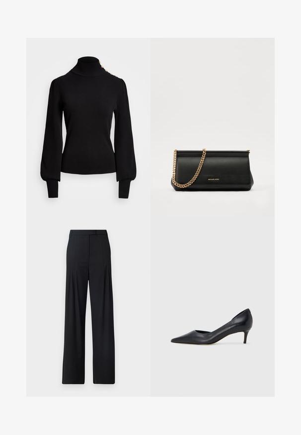 Fekete garbós pulóver bordázott textúrával, puffos ujjal, testhezálló fazonnal és aranygombos díszítéssel a vállán.; Fekete, széles szárú nadrág, lapos elülső résszel, redőkkel és szabott derékrésszel. Simító, könnyű anyagból készült.; Fekete bőr magassarkú cipő hegyes orral és alacsony sarokkal. Sima felülettel és enyhe fényű kialakítással rendelkezik. Az elején nyitott részlet a fokozott díszítésért.; Fekete bőr kisméretű táska arany lánccal, sima felülettel, téglalap alakú, és dombornyomott márkázással az elején.