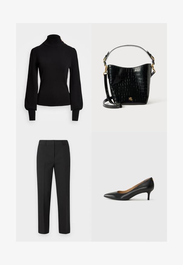 Black turtleneck sweater with ribbed texture, puff sleeves, fitted body, and gold-button accents on the shoulder.; Black tailored trousers with a straight-leg fit, flat front, and no visible embellishments. Made from a smooth fabric with a crisp finish.; Black leather pump with a pointed toe, low heel, and a smooth texture. Features a slight opening at the front and minimal hardware at the back.; Black croc-embossed leather bag with a curved shape, gold hardware accents, an adjustable strap, and a logo detail at the front.