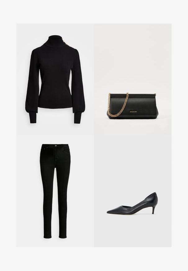 Svart høyhalset genser med ribbet tekstur, puffede ermer, tettsittende kropp og gullknappdetaljer på skulderen.; Svarte denimjeans med smal passform, med standard midjebånd, frontlommer og klassisk knappelukking.; Sort lærpumps med spiss tupp og lav hæl. Har en jevn tekstur og subtil glans. Åpen utskjæring foran for ekstra detalj.; Svart skinnkuvertveske med en gullkjede-rem, med en glatt tekstur, rektangulær form og preget merkevare på forsiden.