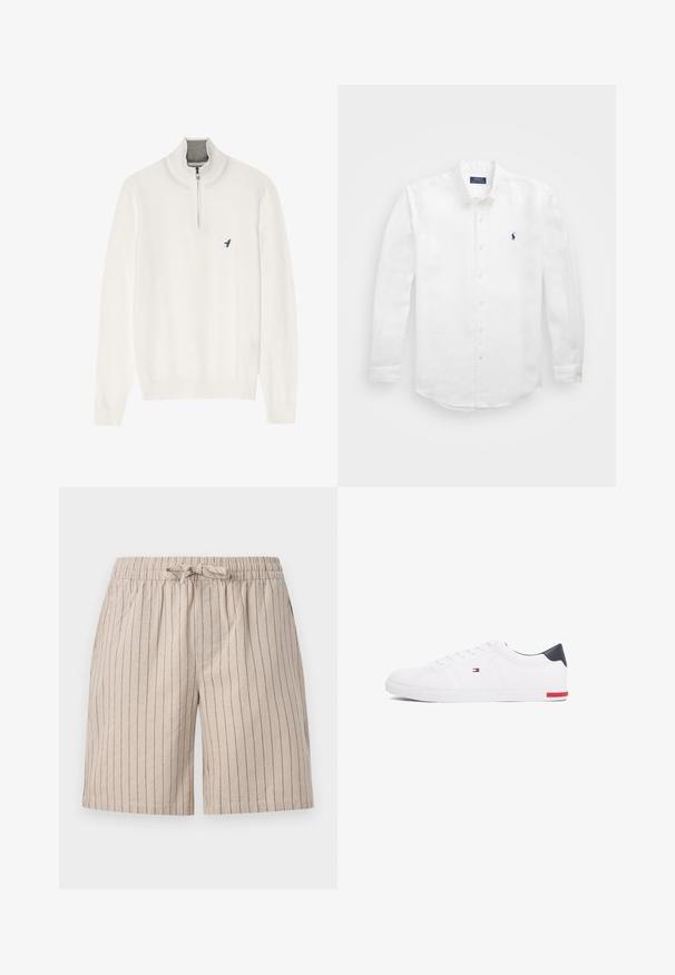 Pull en maille blanche avec un col montant, doté d'une fermeture éclair d'un quart et d'un petit logo d'oiseau bleu sur la poitrine gauche. Texture douce, poignets côtelés.; Chemise blanche à manches longues en coton avec un col boutonné, affichant un petit logo marine sur la poitrine gauche et un système de fermeture classique par boutons.; Shorts rayés beige en tissu léger. Dotés d'une taille élastique avec cordon de serrage et de poches latérales. Détails de rayures verticales.; Baskets basses blanches en cuir lisse. Dotées d'un talon en bleu marine et d'un accent rouge sur la semelle. Six œillets pour les lacets.