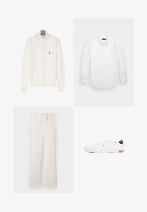 Biely pletený sveter s vysokým golierom, so štvrťovým zipsom a malým modrým logom vtáka na ľavej strane hrudníka. Mäkká textúra, rebrované manžety.; Biela košeľa s dlhým rukávom vyrobená z bavlny, so golierom na gombíky, s malým námorníckym logom na ľavej hrudi a klasickým zapínaním na gombíky.; Svetlé béžové ľanové nohavice s elastickým pásom, šnúrkou na stiahnutie, širokým strihom, hladkou textúrou a bez viditeľných vzorov či kovania.; Biele nízkoprevádzkové tenisky vyrobené z hladkej kože. Majú námornícke zadočnú časť a červený akcent na podrážke. Šesť dierok na šnúrky.