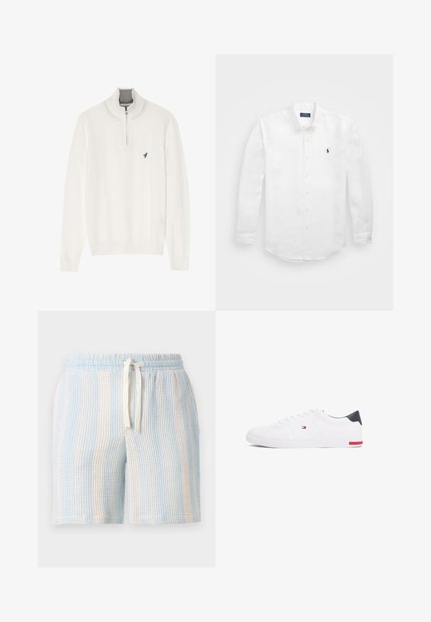 White knit sweater with a high collar, featuring a quarter zip and a small blue bird logo on the left chest. Soft texture, ribbed cuffs.; White long-sleeve shirt made of cotton with a button-down collar, featuring a small navy logo on the left chest and classic button fastening.; Lightweight, textured shorts with a blue and white striped pattern. Features an elastic waistband and a drawstring closure.; White low-top sneakers made of smooth leather. Features a navy heel cap and a red accent on the sole. Six eyelets for laces.