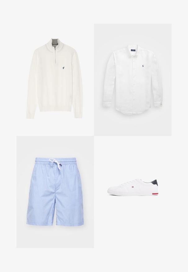 Valge kootud kampsun kõrge krae ja neljandiku pikkuse lukuga ning väikese sinise linnu logoga vasakul rinnal. Pehme tekstuur, soonikkoes mansetid.; Valge pikavarrukaga puuvillane särk, millel on nööpidega kaelus, vasakul rinnal väike tumesinine logo ja klassikaline nööpide sulgemine.; Heledad sinised triibulised ujumispüksid, mis on valmistatud siledast kangast. Omab valget paela ja küljetaskuid. Pikkus kuni reie keskele, sirge lõikega.; Valged madalad tennisetossud, mis on valmistatud siledast nahast. Contains sinine kannaosa ja punase aktsendi kummipohjal. Kuus silmust paelte jaoks.