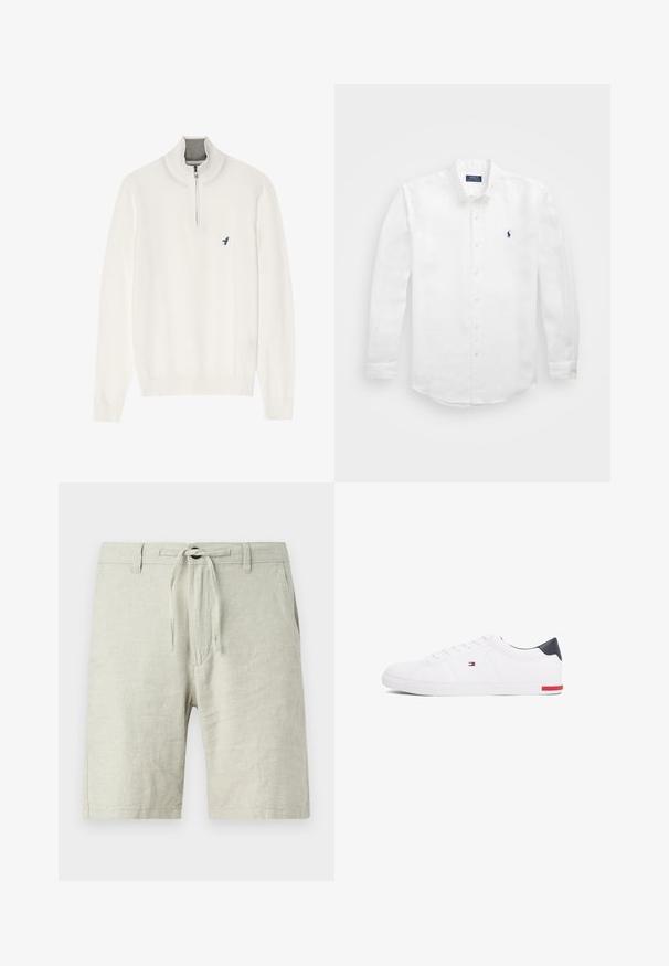 Pier One Pulóver - off-white; Fehér, hosszú ujjú pamut ing, gombos gallérral, bal mellen egy kis tengerészkék logóval és klasszikus gombos záródással.; Világosszürke vászon rövidnadrág, elasztikus húzózsinórral ellátott derékkal, oldalsó zsebekkel és laza fazonnal. Texturált anyag, enyhe fényességgel.; Fehér alacsony szárú sneaker sima bőrből. Tengerészkék sarokvédővel és piros díszítéssel a talpon. Hat fűzőlyuk a fűzők számára.