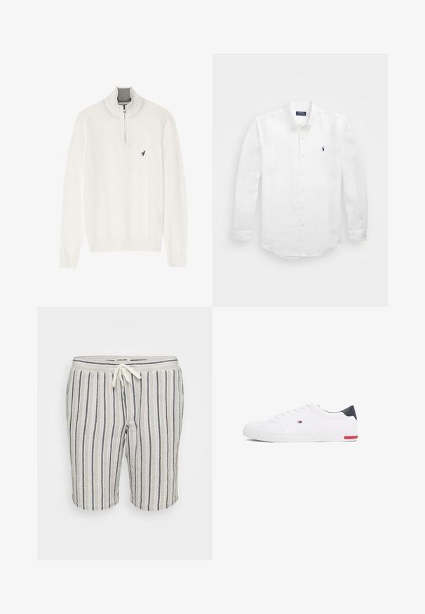 Pier One Camisola - off-white; Camisa branca de manga longa feita de algodão, com colarinho abotoado, apresentando um pequeno logótipo azul-marinho no lado esquerdo do peito e fecho clássico com botões.; Calções em mistura de linho com riscas verticais em carvão e creme, apresentando uma cintura elástica com cordão e comprimento acima do joelho.; Sapatilhas brancas de cano baixo feitas de couro liso. Apresentam um bico azul-marinho e um detalhe vermelho na sola. Seis ilhoses para os atacadores.