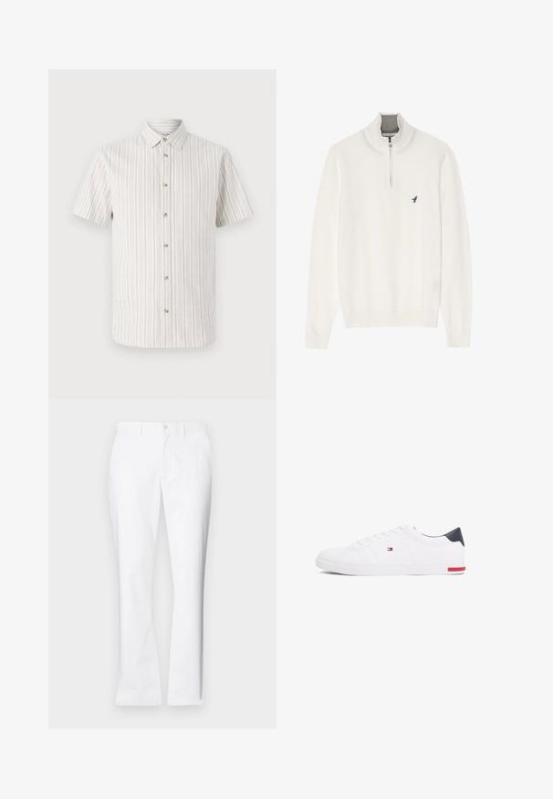 Weißer Strickpullover mit hohem Kragen, ausgestattet mit einem Viertelreißverschluss und einem kleinen blauen Vogel-Logo auf der linken Brust. Weiche Textur, gerippte Bündchen.; Kurzarmhemd aus einem hellbeigen Stoff mit dünnen vertikalen Streifen. Mit einem knöpfbaren Kragen und einer Frontverschluss mit fünf Knöpfen.; Weiße Baumwollhose mit geradem Bein, vorderen Taschen, einem einzigen Knopfverschluss und einer glatten Textur.; Weißes Low-Top-Sneaker aus glattem Leder. Mit einem marineblauen Fersenstück und einem roten Akzent an der Sohle. Sechs Ösen für die Schnürsenkel.
