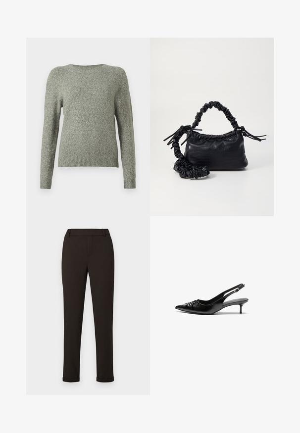 Sweater de manga longa com gola redonda em tecido de malha cinza suave, com punhos e bainha canelados, exibido contra um fundo branco liso.; Calças pretas slim-fit com passantes para cinto e punhos em fundo branco liso.; Sapatos de salto alto slingback em couro preto com bico fino, pequeno salto kitten e um detalhe decorativo em forma de nó na parte da frente. Textura suave em toda a parte.; Bolsa de mão em couro sintético preto com textura de crocodilo, topo franzido e alça enrugada. Apresenta um design suave e compacto.