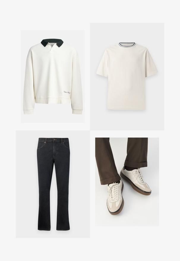 Svetr s kulatým výstřihem v barvě slonové kosti vyrobený z bavlny, s kontrastním tmavě zeleným límcem. Vlastnosti zahrnují žebrovanou texturu a výšivku loga blízko lemu.; Krémové bavlněné tričko s krátkými rukávy, s kulatým výstřihem zvýrazněným námořnickými a bílými pruhy. Hladká textilní struktura, volný střih.; Tmavě modré džíny s rovný fit, obsahující pět kapes, kontrastní švy a mírné rozšíření na lemu.; Béžové tenisky s texturovanou semišovou špičkou, hladkými koženými boky a hnědou gumovou podrážkou. Na šněrování a lehkém prošití je detail.