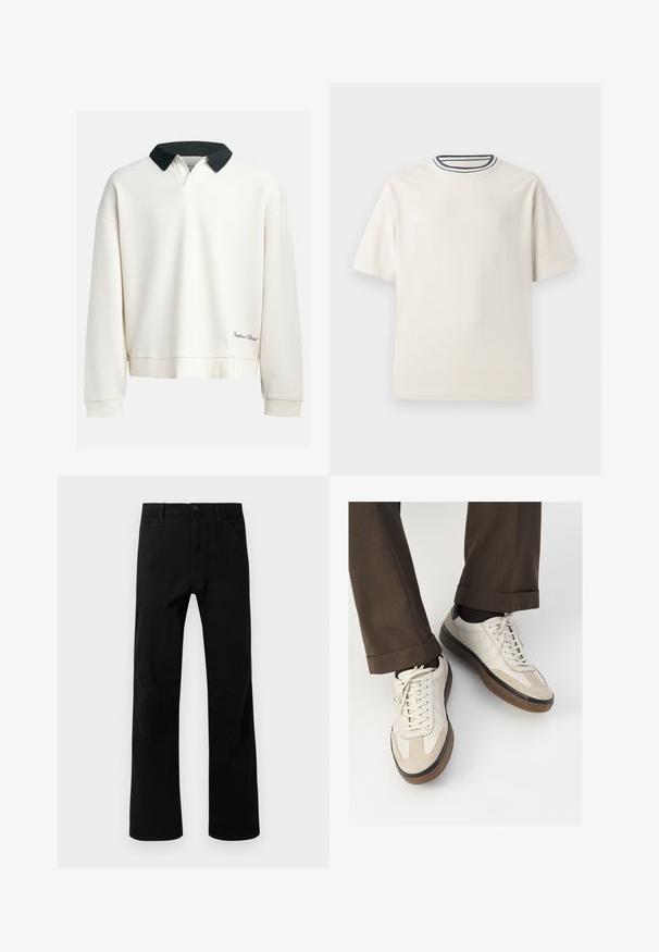 Pulover cu guler rotund, de culoare albă-crem, din bumbac, cu un guler contrastant de culoare verde închis. Prezentă textură în relief și un logo brodat aproape de tiv.; Tricou din bumbac de culoare crem, cu mâneci scurte, având un decolteu rotund accentuat cu dungi bleumarin și albe. Textură netedă, croi confortabil.; Pantaloni negri cu croi drept, dotati cu buzunare frontale, inchidere cu nasture si anse pentru centura, expusi pe un fundal alb.; Adidași bej cu un vârf din suede texturat, laterale din piele netedă și o talpă din cauciuc maro. Șireturile și detalii de cusătură subtilă incluse.