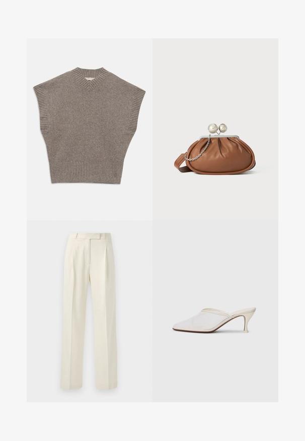 Smėlinis megztas be rankovių švarkas su V formos iškirpimu ir gipiūro apykakle, rankovėmis ir apačia ant balto fono.; Kreminės spalvos kelnės su pritaikytu siluetu, turinčios plokščią priekį, klostes ir tiesias kojas, pagamintos iš minkštos, tekstūruotos medžiagos.; Baltos tinklelio smailiakojės mules su plonu vidutinio aukščio kulnu ir užkulnio dizainu ant vientiso fono.; Ruda odinė rankinė su sidabriniu rutuliniu užsegimu ir maža sidabrine grandinėle ant balto fono.