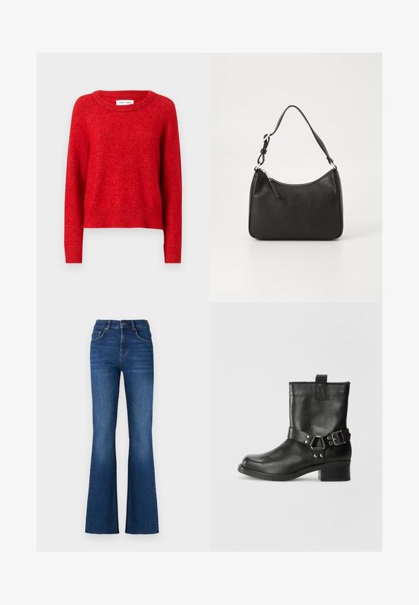 Pulover tricotat roșu cu guler rotund, având mâneci lungi și manșete dintr-un material canalat. Materialul pare moale și texturat, având o croială ușor largă.; Jeans evazați de culoare albastră din denim, cu talie înaltă, design cu cinci buzunare, decolorare subtilă și detalii de cusătură contrastante.; Samsøe Samsøe SABRENTA - Botine cowboy/biker - black; Geantă de mână din piele neagră, cu o formă curbată, curea unică, închidere cu fermoar și un branding subtil pe față. Textură fină, design minimalist.