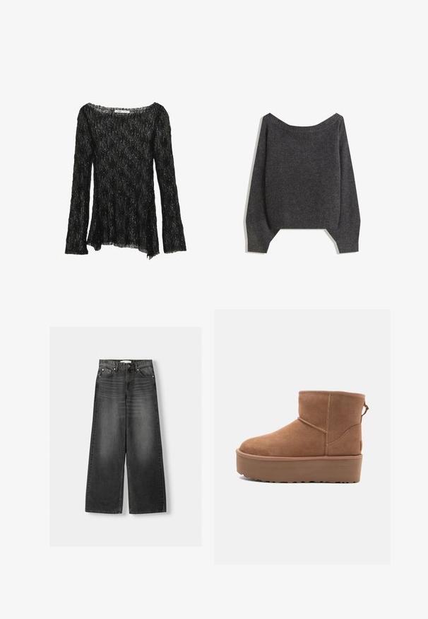 Mörkgrå off-shoulder tröja med ribbad halsringning och ballongärmar, tillverkad av ett texturerat stickat tyg. Kortad fålldetaljer.; Svart spetsoberdel med lös passform, långa ärmar och vid halsringning. Har ett strukturerat mönster och subtila glittrande detaljer genomgående.; Videbeniga, högmidjade jeans i mörkgrå denim. Har fem fickor, metallnitar och bältesöglor. Slät textur med lätt blekning.; Tan mockasköna med plattformssula, rund tå och broderade detaljer; har en dragflik baktill för enkel påtagning.