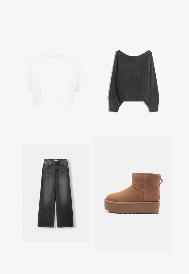 Dunkelgrauer, schulterfreier Pullover mit geripptem Halsausschnitt und Ballonärmeln, gefertigt aus einem strukturierten Strickstoff. Gekürzte Saumdetails.; Weißes, kurzes T-Shirt mit kurzen Ärmeln und rundem Halsausschnitt, aus glattem Stoff, ohne sichtbare Muster oder auffällige Hardware.; Weite, hoch taillierte Jeans aus dunkelgrauem Denim. Mit fünf Taschen, Metallnieten und Gürtelschlaufen. Glatte Textur mit leichtem Verblassen.; Beige Wildleder-Ankle-Boot mit Plateausohle, abgerundetem Zehenbereich und abgesteppten Akzenten; verfügt über eine Zuglasche hinten für einfaches An- und Ausziehen.