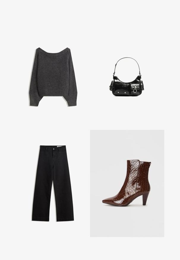 Sötét szürke, vállra húzható pulóver bordázott kivágással és lufis ujjakkal, texturált kötött anyagból készült. Rövidített szegély részletek.; Fekete, bő szabású farmernadrág magas derékkal, elülső és hátsó zsebekkel, varrott felületekkel és gombos záródással. Sima textúra.; Barna mű krokodil bőr bokacsizma hegyes orral és kúpos sarka. Fényes textúrával és oldalsó cipzár részlettel rendelkezik.; Fekete lakkbőr kézitáska ívelt formával, egy vállpánttal, elülső zsebekkel és ezüstszínű fémrészletekkel.