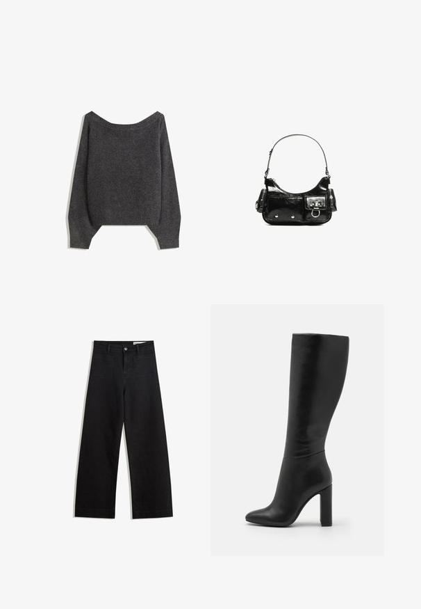 Dark gray off-the-shoulder sweater with ribbed neckline and balloon sleeves, crafted from a textured knit fabric. Cropped hemline details.; Black wide-leg denim pants with a high waist, featuring front and back pockets, stitched seams, and a button closure. Smooth texture.; Knee-high black leather boot with a pointed toe and high block heel. Smooth texture with minimalistic design and no visible hardware.; Black patent leather handbag with a curved shape, one shoulder strap, front pockets, and silver-tone hardware accents.