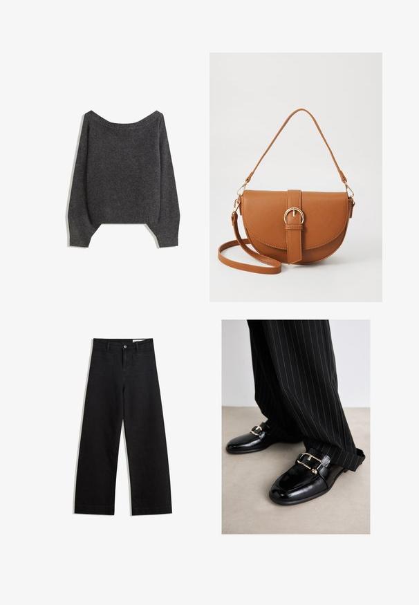 Czarnoszary sweter typu off-the-shoulder z prążkowanym dekoltem i bufiastymi rękawami, wykonany z teksturowanej dzianiny. Szczegóły krótkiego dołu.; Czarne dżinsowe spodnie o szerokich nogawkach i wysokim stanie, z przednimi i tylnymi kieszeniami, przeszyciami oraz zapięciem na guziki. Gładka struktura.; Czarne skórzane buty o połysku, z dużą złotą klamrą i paskiem, zestawione z czarnymi spodniami w paski.; Brązowa skórzana torba na ramię o zaokrąglonym kształcie, ze złotymi akcentami i zapięciem w formie klamry. Posiada odpinany pasek na ramię.
