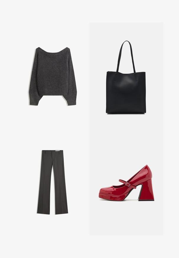 Pulover off-the-shoulder de culoare gri închis, cu guler cu nervuri și mâneci tip balon, fabricat dintr-un material tricotat texturat. Detalii cu tiv scurt.; Pantaloni gri evazați dintr-un material neted, cu un front plat, bucle pentru curea și un design ajustat cu linii curate.; Pantof de damă cu toc înalt, din piele patent roșie, tip Mary Jane, cu vârful rotund, platformă în față, curea cu cataramă și toc sculptat.; Geantă tote neagră din piele, cu textură netedă, formă rectangulară și două mânere lungi. Fără hardware vizibil sau ornamente.