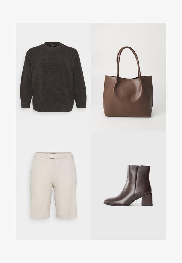 Vero Moda Curve VMCBOOM O NECK - Strikkegenser - chocolate torte melange; Beige bomullshorts med knappelukking, to sidelommer og rett passform. Har en glatt tekstur og et enkelt design.; Brune lær ankle boot med et elegant design, spiss tå og firkantet blokkheel. Glatt tekstur og minimalistisk silhuett.; Brun lær totebag med to lange håndtak, strukturert form, glatt tekstur og minimalistisk design. Ingen synlig maskinvare eller detaljer.