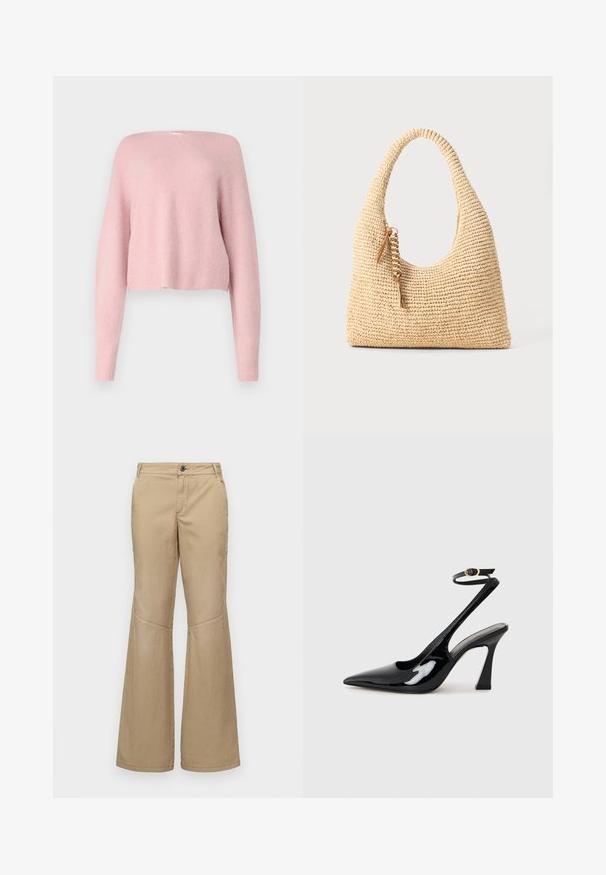 Minkštas rožinis megztinis iš mezginių su ilgomis rankovėmis, laisvo stiliaus ir šiek tiek trumpesne apačia ant paprasto balto fono.; Šviesiai rudos plačios kelnės su sagtimi, priekinėmis ir šoninėmis kišenėmis bei siuvinėjimo detalėmis, pagamintos iš lengvos, tekstūruotos medžiagos.; Juodai lakuoti slingback aukšti kulniukai su smailiu nosiu, reguliuojama čiurnos juostele ir vidutinio dydžio blokiniu kulnu. Lygus paviršius su blizgiu apdaila.; Audimo šviesiai rudos spalvos rankinė su išlenkta rankena, tekstūruotu paviršiumi ir ruda kutu. Yra laisva, hobo forma.