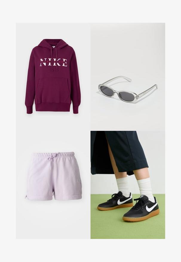 Purple Nike hoodie with a front pocket, drawstring hood, and large white text "NIKE SPORTWEAR." Soft fabric and ribbed cuffs.; Lilac cotton shorts with an elastic waistband, drawstring, and side slits. Features a white Jordan logo on the left thigh.; Black leather and synthetic sneakers with white Nike swoosh, rubber gum sole, round toe, and black laces. Ribbed white socks visible.; Sunglasses with an oval shape, clear plastic frame, dark gray lenses, and thin transparent arms featuring logo accents and minimal detailing.