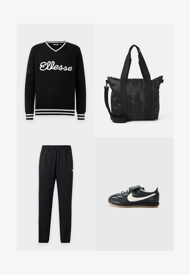 Svart V-hals genser med hvit "Ellesse" logo over brystet og hvite striper på kragen, mansjettene og kanten.; Svarte treningbukser laget av mykt stoff, med elastisk midje, to sidelommer og ribbede hemmer for en tettsittende look.; Svart lærersneaker med hvit swoosh-logo, snøring, borrelåsspenne og gummisåle med teksturert mønster. Vist fra siden.; Svart totebag med teksturert stoff, doble topphåndtak og en avtakbar skulderrem. Har glidelås for sikker oppbevaring.