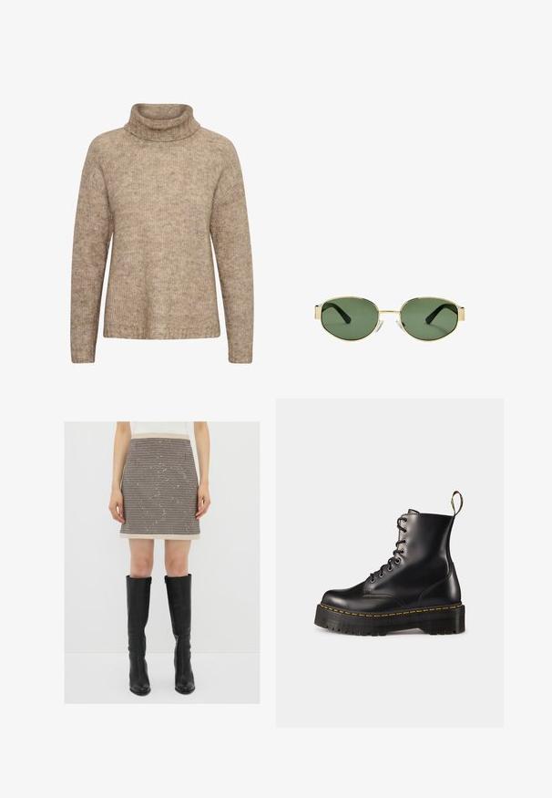 Béžový svetr s vysokým, přeloženým rolákem. Vyrobený z texturované pleteniny. Má dlouhé rukávy a volný střih, s žebrovanými detaily na lemu.; Sukně s kostkovaným vzorem v hnědé a béžové barvě, s krémovým pasem a ozdobnými lemy. Nosit s vysokými černými koženými botami.; Černé kožené kotníkové boty na šněrování s mohutnou černou podrážkou a žlutým prošíváním. Mají poutko na zadní straně a kulaté kovové očko.; Sluneční brýle s metalickým zlatým rámem, zelenými skly, oválného tvaru, s černými stranicemi a průhlednými nosními podložkami. Čistý, minimalistický design.; Hnědá zamšová kabelka s krátkými uchy, uzavíráním na přezku a prošívanými detaily. Disponuje jednolitým designem bez viditelných vzorů.