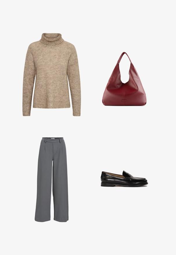 Beige Pullover mit hohem, umgeschlagenem Rollkragen. Aus strukturiertem Strickstoff gefertigt. Verfügt über lange Ärmel und eine lässige Passform, mit Rippdetails am Saum.; Langärmliges, weißes T-Shirt aus weicher Baumwolle. Es hat einen Rundhalsausschnitt und einen geraden Schnitt mit minimalen Nähten sowie ohne sichtbare Logos oder Muster.; Helle graue weit geschnittene Hose aus einem weichen Stoff, mit einem smockierten Taillenbund, vorderen Falten und einer glatten, angenehmen Textur.; Schwarzer Lederloafer mit runder Zehenpartie, schlupfendem Design und dezenten Nahtdetails entlang des Oberteils. Flache Gummisohle.; Rote Leder-Hobo-Tasche mit einem breiten, lässigen Design und einer großen Öffnung, die eine dezente Textur und ein auf der Vorderseite prägtes Logo aufweist.