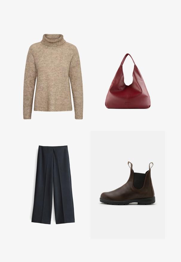 Pull beige avec un col roulé haut et replié. Fabriqué en tissu à maille texturée. Doté de manches longues et d'une coupe décontractée, avec des détails côtelés au niveau de l'ourlet.; T-shirt à manches longues blanc en coton doux. Il présente un col rond et une coupe droite avec des coutures minimales et sans logos ni motifs visibles.; Pantalons à jambes larges en tissu gris foncé, avec des plis à l'avant et une texture lisse. Pas de poches ni d'embellissements visibles.; Bottines en cuir brun avec des panneaux élastiques sur les côtés, des languettes de tirage et une semelle en caoutchouc texturée. Présente un design moderne et arrondi au niveau des orteils.; Sac hobo en cuir rouge avec un design large et décontracté, une grande ouverture, présentant une texture subtile et un logo embossé à l'avant.