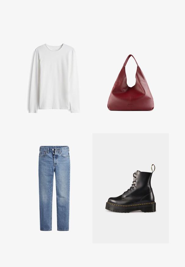 Maglione beige con collo alto ripiegato. Realizzato in tessuto a maglia testurizzata. Presenta maniche lunghe e una vestibilità rilassata, con dettagli a costine sull'orlo.; T-shirt bianca a maniche lunghe realizzata in cotone morbido. Presenta una scollatura rotonda e un taglio dritto con cuciture minime e senza loghi o motivi visibili.; Jeans in denim blu chiaro con taglio dritto, design a cinque tasche e chiusura con bottone. Presentano una leggera sbiaditura e dettagli in cucitura arancione.; Stivali alla caviglia in pelle nera con lacci, dotati di una suola nera spessa e cuciture gialle. Presentano una linguetta sul retro e occhielli metallici circolari.; Borsa hobo in pelle rossa con un design ampio e morbido e una grande apertura, caratterizzata da una sottile texture e un logo impresso sul davanti.