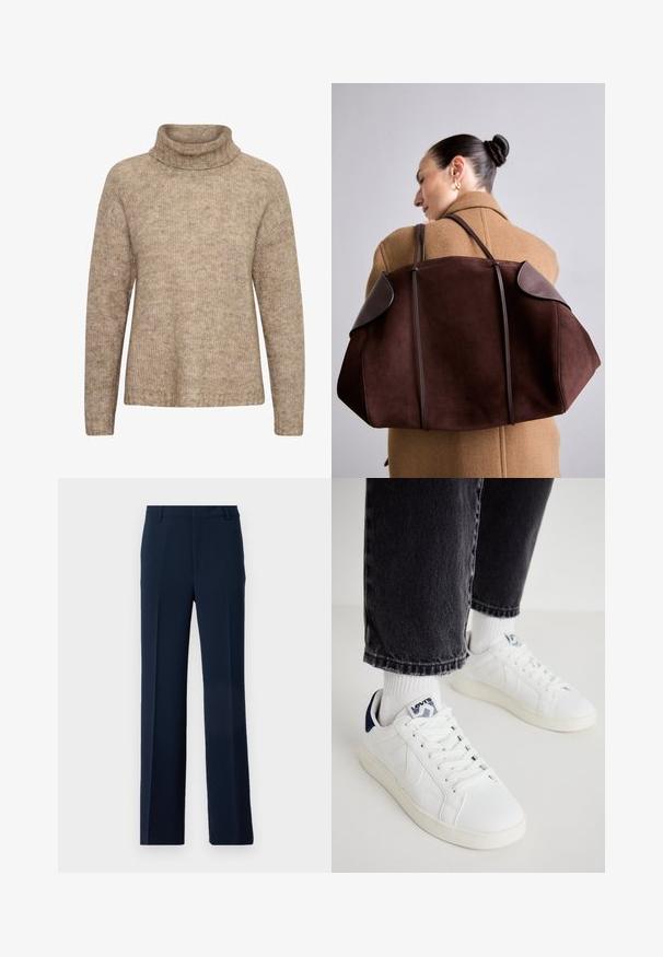 Beżowy sweter z wysokim, złożonym kołnierzem. Wykonany z teksturowanej dzianiny. Posiada długie rękawy i luźny krój, z prążkowanym wykończeniem u dołu.; Granatowe spodnie z gładkiego materiału, o prostym kroju nogawki, z dwoma zakładkami z przodu i kieszeniami bocznymi, zapewniające elegancki wygląd.; Białe skórzane sneakersy z granatowymi akcentami, perforowany design i płaskie sznurówki. Posiadają etykietę marki na języku oraz jasną gumową podeszwę.; Brązowa torebka z zamszu z ciemnymi skórzanymi akcentami, o strukturalnym kształcie i podwójnych rączkach, noszona na ramieniu przeciwko beżowemu płaszczowi.