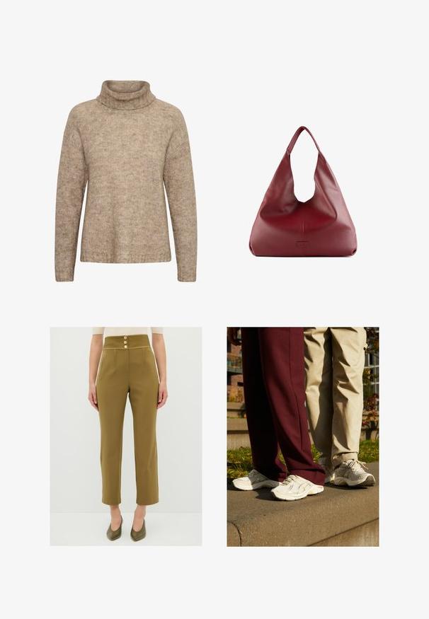 Beige trui met een hoge, omgeslagen col. Gemaakt van een gestructureerde breisel. Heeft lange mouwen en een relaxte pasvorm, met ribbel details aan de onderrand.; Khaki hoge taille broek met een smock tailleband, drie decoratieve gouden knopen en twee zijzakken, getailleerde pasvorm en cropped lengte.; ASICS SportStyle GT-2160 UNISEX - Sneakers laag - oatmeal/simply taupe; Rode leren hobo tas met een brede, slungelige vorm en een grote opening, met een subtiele textuur en een op de voorkant geperst logo.