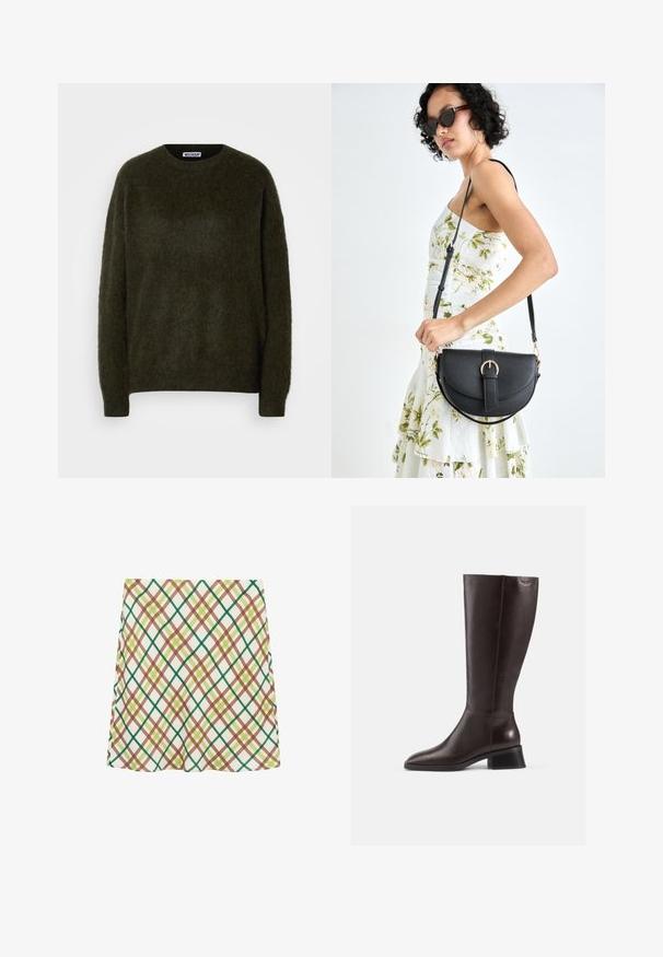 Zelený, nadýchaný sveter s okrúhlym výstrihom a dlhými rukávmi. Vyrobený z mäkkého materiálu s textúrovaným povrchom. Čistý dizajn bez vzorov.; Biely áčkový sukne s krížovým vzorom v zelených, hnedých a žltých odtieňoch, po kolená, vystavená na bielom pozadí.; Hnedé kožené čižmy po kolená s hladkým povrchom, okrúhlou špičkou a čiernym vyvýšeným podpätkom. Jednoduchý dizajn s minimálnymi hardvérovými detailmi.; Čierna kožená kabelka s zaobleným tvarom, odnímateľným popruhom a zlatými doplnkami. Kabelka má klopu s detailom s prackou.
