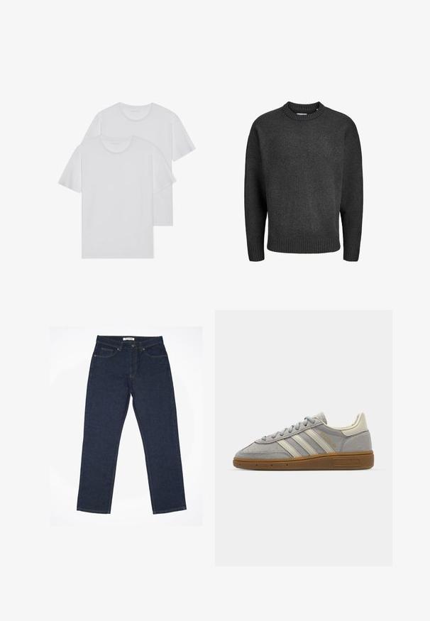 Suéter de punto gris oscuro con cuello redondo, dobladillo y puños acanalados, que presenta un ajuste ligeramente holgado y una textura suave.; Dos camisetas de algodón blancas con cuello redondo, mangas cortas y una textura suave. Ambas tienen un color sólido y no presentan patrones ni elementos metálicos visibles.; Jeans azul oscuro de mezclilla, con corte recto, diseño de cinco bolsillos y costuras en contraste a lo largo de las costuras.; Zapatillas de ante gris con rayas de cuero gris claro y suela de goma. Las características incluyen cierre con cordones y una marca sutil en la lengüeta.