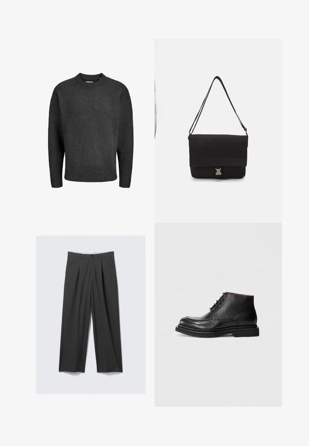 Mørk grå strikket genser med rund hals, ribbestrikket nederkant og mansjetter, med en litt løs passform og glatt tekstur.; Grå, vide bukser med plisseringer. Laget av et glatt stoff, har frontknapplukking og beltehemper. Flat frontdesign.; Sorte lær ankle boot med snøring, rund tå og tykk gummisåle mot en enkel hvit bakgrunn.; Svart budveske laget av glatt materiale, med en klaff som kan legges over, sølvfarget spenne og en justerbar skulderrem.