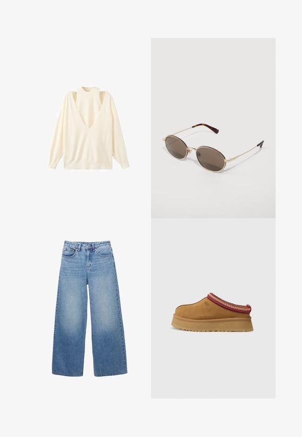 Kremozna dolga majica z dolgimi rokavi, globokim V-izrezom in izrezanim dizajnom na ramionih. Mehka tkanina z sproščenim krojem ter rebrastim izrezom in manšetami.; Svetlo modri široki traper hlače. Imajo zadrgo in gumb za zapiranje, zankice za pas ter sprednje in zadnje žepke.; Rjavi suede natikači z rdečo in smetano obrobo z vzorcem, teksturiranimi podplati in logotipom UGG na strani. Imajo rahlo povišano platformo.; Sončna očala z ovalnimi rjavimi lečami, z zlatim kovinskim okvirjem in večbarvnimi cvetličnimi poudarki na obrvah in ročajih, z odtenkom želvovine na konicah.