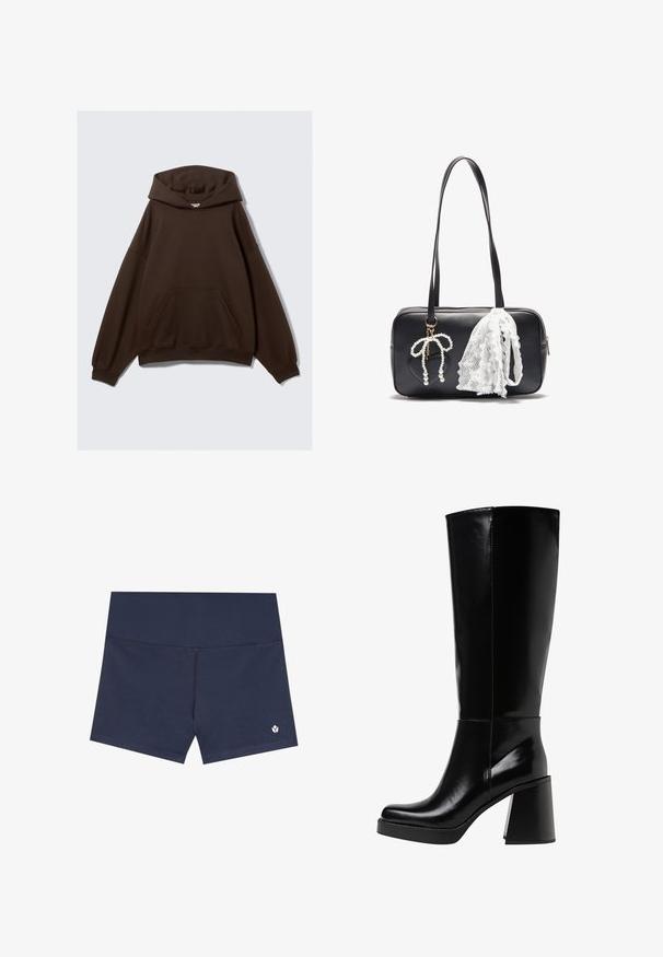 Brun oversized hoodie gjord av bomullsblandat tyg, med en stor huva, framficka och ribbade ärmmuddar. Slät textur med minimal design.; Krämfärgad t-shirt med kort ärm, tillverkad av mjuk bomull. Har en rund halsringning och en avslappnad passform med minimala sömnadsdetaljer.; Mörkblå simshorts i slät tyg, med en sömlös design, elastisk midja och en liten logotyp på nedre högra sidan.; Svarta knähöga stövlar i glänsande material, med en kraftig klack och rund toe. Sömdetaljer löper längs den yttre sidan.; Even&Odd Handväska - black