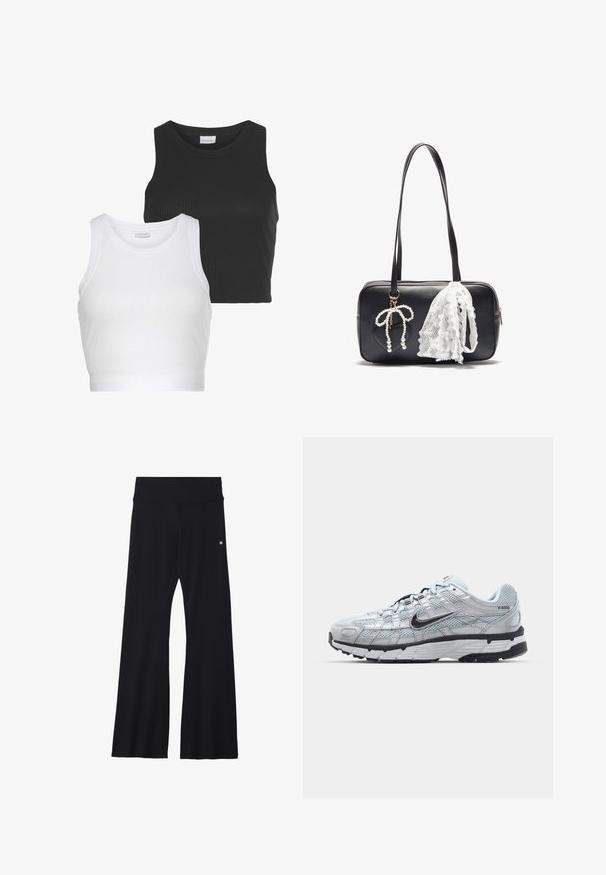 Brązowy, oversize'owy hoodie wykonany z materiału mieszanki bawełny, z dużym kapturem, przednią kieszenią i ściankami z ribbingu. Gładka tekstura z minimalistycznym wzornictwem.; Dwa prążkowane topy w kolorach czarnym i białym, z okrągłym dekoltem i bez rękawów. Każdy z nich ma dopasowany krój i miękką fakturę.; Czarne, rozszerzane spodnie do jogi z elastycznego materiału, z szerokim pasem i małym logo w pobliżu biodra. Gładka tekstura, bez wzorów.; Nike P-6000 sneakers z jasnoszarym siateczkowym wierzchem, czarnymi akcentami i trwałą czarną gumową podeszwą. Charakteryzują się skomplikowanym wzornictwem i systemem sznurowania.; Even&Odd - Torebka