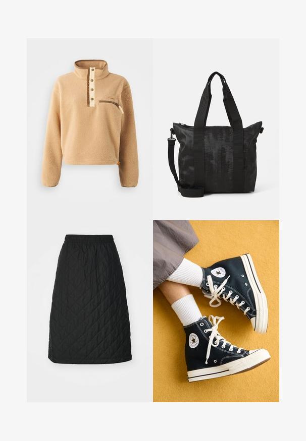 Beige fleece-paita, jossa on korkea kaulus, puolivälin napitus ja vasemmassa rinnassa vetoketjupussi. Rakenne, jossa on ruskeita yksityiskohtia.; Carhartt WIP SELMA SKIRT - A-linjainen hame - black; Musta korkea kangaskengät valkoisilla nauhoilla ja kumipohjilla, joissa on pyöreä Converse All Star -logo ulkopuolella.; Mustat olkalaukku, jossa on teksturoitu kangas, kaksinkertaiset yläkahvat ja irrotettava olkahihna. Varustettu vetoketjulla turvalliseen säilytykseen.