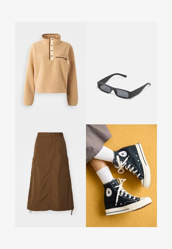 Beige fleece-paita, jossa on korkea kaulus, puolivälin napitus ja vasemmassa rinnassa vetoketjupussi. Rakenne, jossa on ruskeita yksityiskohtia.; Ruskea, nilkkapituinen hame, joka on valmistettu kestävästä kankaasta. Siinä on joustava vyötärötekijä, nappisuljenta ja sivutaskut. Suora pinta.; Musta korkea kangaskengät valkoisilla nauhoilla ja kumipohjilla, joissa on pyöreä Converse All Star -logo ulkopuolella.; Mustat suorakulmaiset aurinkolasit tummilla linsseillä ja paksuilla mattepinnoilla. Varsien malli on hieman kapeneva ja pinta sileä.