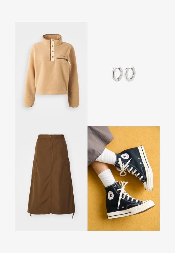 Pullover in pile beige con colletto alto, parziale allacciatura a bottoni e tasca con zip sul petto sinistro. Tessuto testurizzato con dettagli marroni.; Gonna marrone fino alla caviglia realizzata in tessuto resistente. Caratterizzata da una vita elastica, chiusura con bottone e tasche cargo laterali. Texture liscia.; Sneakers alte nere in tela con lacci bianchi e suole in gomma, caratterizzati da un logo rotondo Converse All Star sul lato esterno.; Orecchini a cerchio in argento con una finitura lucida, caratterizzati da un design circolare e cerniere senza soluzione di continuità, che mostrano una superficie liscia.