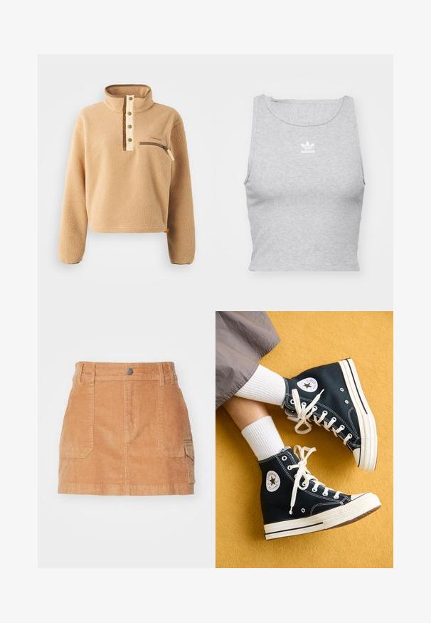 Beige fleece pullover met een hoge kraag, halve knoopsluiting en een ritszak aan de linkerborst. Getextureerde stof met bruine accenten.; Grijze, mouwloze crop top gemaakt van een zachte stof, met een ronde halslijn en een klein wit Adidas-logo op de borst.; Lichtbruine corduroy minirok met een hoge tailleband, voorzakken en een gladde textuur met verticale ribbels.; Zwarte canvas hoge sneakers met witte veters en rubberen zolen, met een ronde Converse All Star-logo aan de buitenzijde.