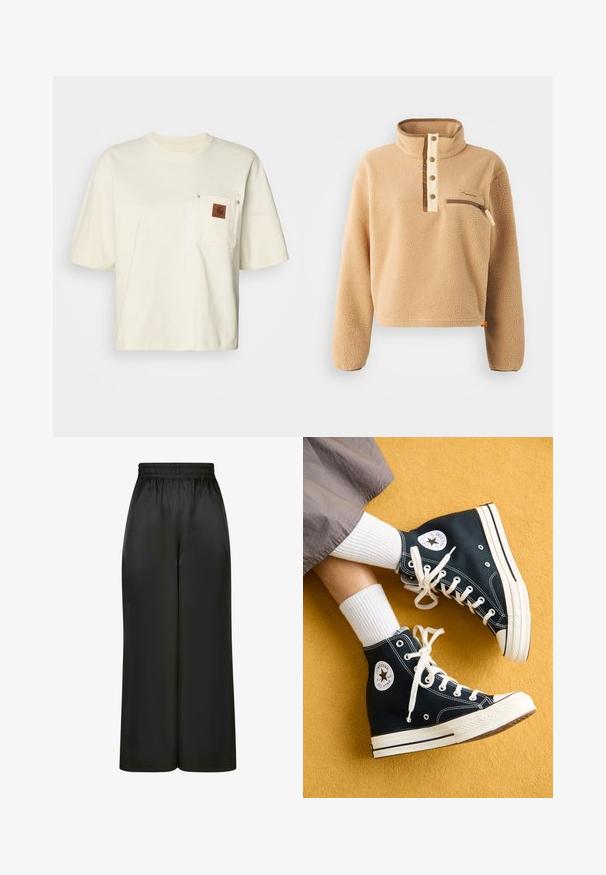 Beige színű gyapjú pulóver magas gallérral, félig gombos záródással és bal oldali mellzseb zippel. Texturált anyag barna díszítéssel.; Rövid ujjú, krémszínű pamut póló, mellzsebbel, amelyen barna címke és patent részletek találhatók. Normál szabású dizájn.; Fekete, bő szárú nadrág, sima, fényes anyagból, rugalmas derékrésszel, látható zsebek vagy fém részletek nélkül.; Fekete magas szárú vászon sportcipő, fehér fűzőkkel és gumitalppal, a külső oldalán egy kerek Converse All Star logóval.