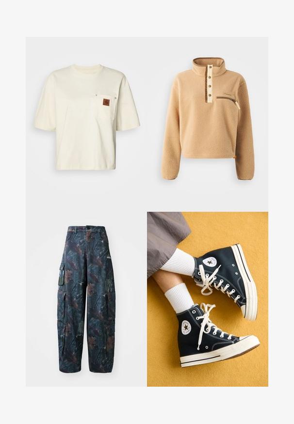 Beiger Fleece-Pullover mit hohem Kragen, einer halben Knopfleiste und einer Reißverschlusstasche auf der linken Brust. Strukturierter Stoff mit braunen Akzenten.; Kurzärmliges, cremefarbenes T-Shirt aus Baumwolle mit einer Brusttasche, die ein braunes Etikett und Druckknopfdetails aufweist. Reguläre Passform.; Tarnfarben Cargo-Hosen in Dunkelgrün und Braun, mit mehreren Taschen und lockerer Passform, aus leichtem, strapazierfähigem Stoff.; Schwarze High-Top-Canvas-Sneaker mit weißen Schnürsenkeln und Gummisohlen, mit einem runden Converse All Star-Logo auf der Außenseite.