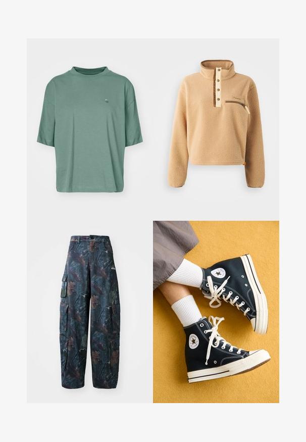 Pullover de fleece bege com um colarinho alto, placket de meia-botão e um bolso com zipper no lado esquerdo do peito. Tecido texturizado com detalhes em castanho.; T-shirt de manga curta e folgada em algodão verde suave. Apresenta um logo discreto em forma de onda no peito e um decote redondo canelado.; Calças cargo camufladas em verde escuro e castanho, com vários bolsos e um corte largo, feitas de um tecido leve e durável.; Ténis de cano alto em lona pretos com atacadores brancos e solas de borracha, apresentando um logotipo redondo da Converse All Star no lado externo.