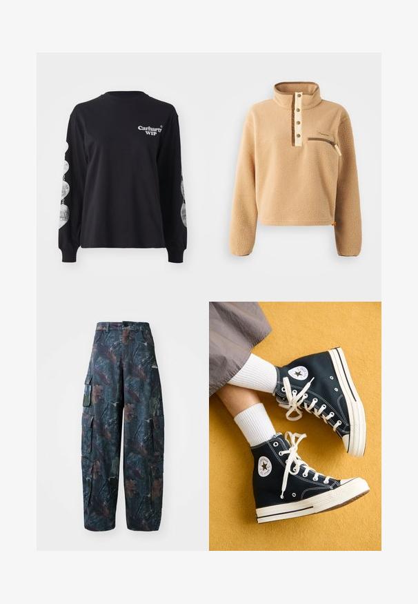 Beiger Fleece-Pullover mit hohem Kragen, einer halben Knopfleiste und einer Reißverschlusstasche auf der linken Brust. Strukturierter Stoff mit braunen Akzenten.; Schwarzes langärmliges T-Shirt aus Baumwolle mit dem "Carhartt WIP"-Logo auf der Vorderseite und grafischen Drucks entlang der Ärmel.; Tarnfarben Cargo-Hosen in Dunkelgrün und Braun, mit mehreren Taschen und lockerer Passform, aus leichtem, strapazierfähigem Stoff.; Schwarze High-Top-Canvas-Sneaker mit weißen Schnürsenkeln und Gummisohlen, mit einem runden Converse All Star-Logo auf der Außenseite.